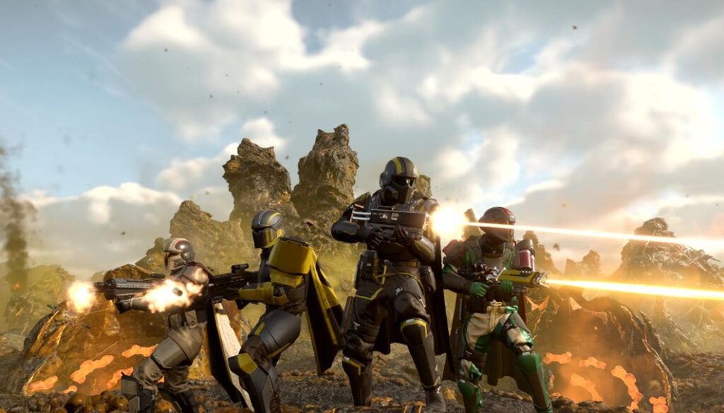 Four futuristic soldiers in colorful armored suits.