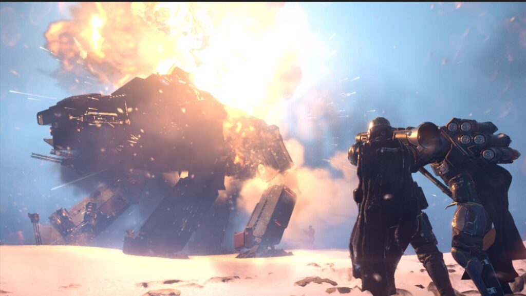 Exploding mech in a snowy battlefield.