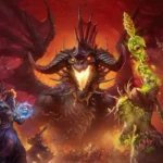Promotional artwork for World of Warcraft Classic showing three characters facing a dragon against a fiery background