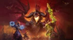 Promotional artwork for World of Warcraft Classic showing three characters facing a dragon against a fiery background