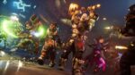 A dynamic scene from the game Borderlands featuring several characters in action poses, with vibrant colors and detailed costumes. The image is accompanied by a tweet from the official Borderlands account announcing a recording session with voice actors.