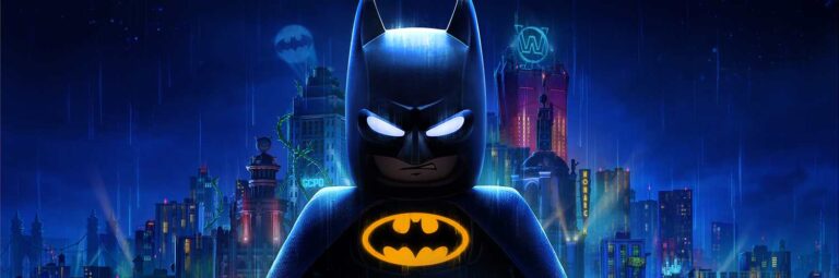 LEGO Batman minifigure close-up with glowing white eyes against a blue-tinted nighttime Gotham City skyline featuring the Bat-Signal in the background.
