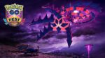 Eternamax Eternatus, a massive purple and red dragon-like Pokémon, hovers in the sky above Zacian and Zamazenta during the Pokémon GO Fest 2025: Max Finale event promotional image.