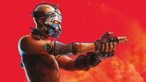 A Psycho character from Borderlands wearing a metal mask and arm gear gesturing against a vibrant red background
