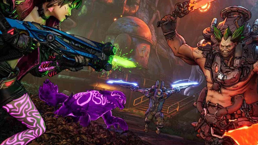 Screenshot from Borderlands 4 showing a female Vault Hunter with colorful tattoos wielding a glowing weapon facing off against a muscular enemy with flaming weapons in a dark cavern environment.