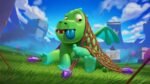 A cartoon green Baby Dragon with blue tongue sticking out, wearing a rope harness with purple crystals, sitting on grass with castle towers in the background.