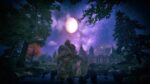 A beautiful night scene from Elder Scrolls IV: Oblivion Remastered showing ancient stone ruins and castle towers under a vibrant purple sky with a bright moon and visible stars through tree branches.