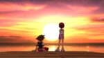 Sora and Kairi sitting on the beach watching the sunset at Destiny Islands in Kingdom Hearts, an iconic scene that appears throughout the series.