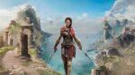 Kassandra from Assassin's Creed Odyssey standing in combat pose with weapons drawn against a backdrop of ancient Greek islands, ruins, and mountains in a promotional image from Ubisoft Toronto.