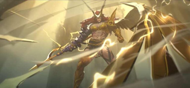 Angela, the new Vanguard hero for Marvel Rivals Season 4, hovering in mid-air with golden wings and wielding a large weapon, wearing gold and purple armor.