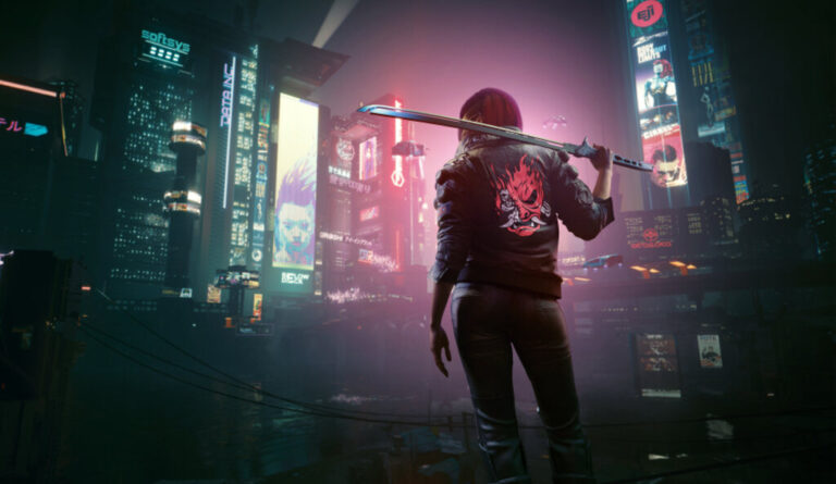 Character with a katana looking over the neon-lit Night City skyline from Cyberpunk 2077, showing the game's distinctive futuristic cyberpunk aesthetic with glowing billboards and fog-filled urban landscape.
