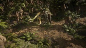 A green and beige prehistoric-looking creature with tusks and a long snout in a jungle environment from Path of Exile 2