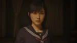 Close-up of Hinako Shimizu, the teenage protagonist of Silent Hill f, wearing a traditional Japanese school uniform with sailor collar against a dark wooden background