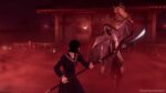 High school student Hinako Shimizu in sailor uniform wielding a spear against a large monster with blade-like appendages in a red-tinted Japanese temple setting from Silent Hill f gameplay