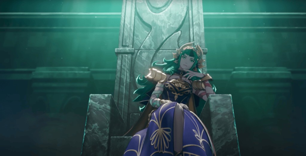 Sothis, a green-haired character from Fire Emblem, sitting regally on a stone throne in a dimly lit chamber with teal lighting, wearing elaborate gold and purple royal attire.