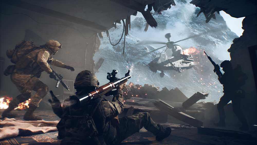 Battlefield 6 scene with soldiers in a ruined room aiming at an attack helicopter; one soldier holds an RPG, debris and muzzle flashes visible.