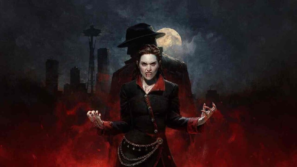 Vampire: The Masquerade – Bloodlines 2 key art showing logo over Seattle skyline, promotional cover artwork