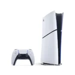 A white PlayStation 5 Digital Edition console stands next to a white DualSense controller on a white background, displaying the $499.99 price and 825GB storage capacity.