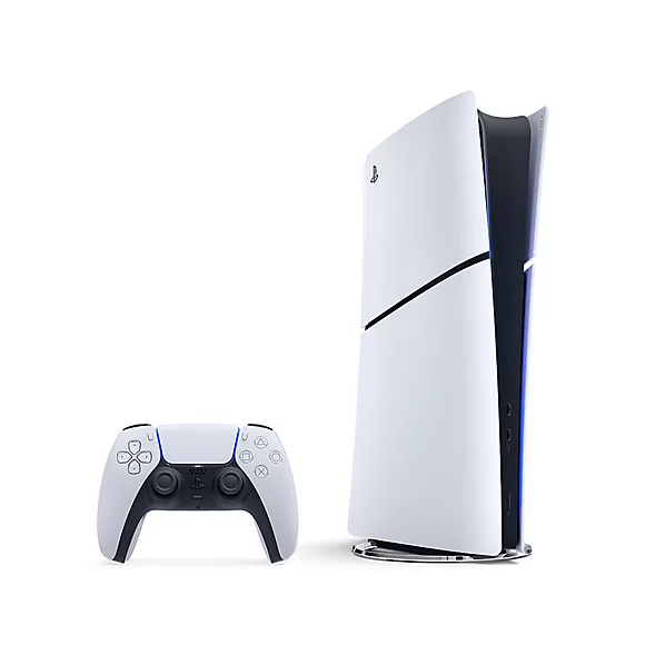 A white PlayStation 5 Digital Edition console stands next to a white DualSense controller on a white background, displaying the $499.99 price and 825GB storage capacity.