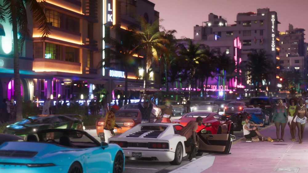 Grand Theft Auto VI Vice City cityscape screenshot showing neon-lit streets and urban landscape from official Rockstar Games trailer