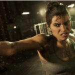 Lucia Caminos official character portrait from Grand Theft Auto 6 showing the female protagonist against dark background