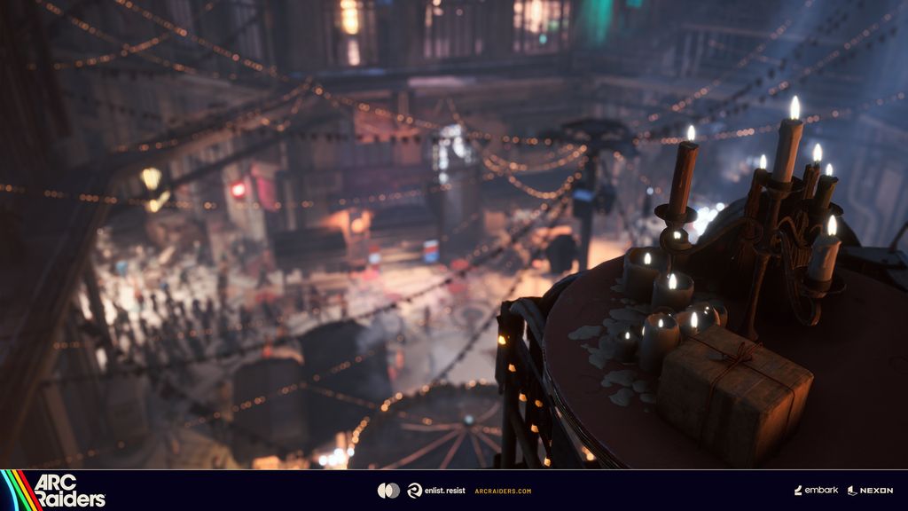 Lit candles arranged on a table in foreground with blurred view of Speranza underground settlement in Arc Raiders during Cold Snap update