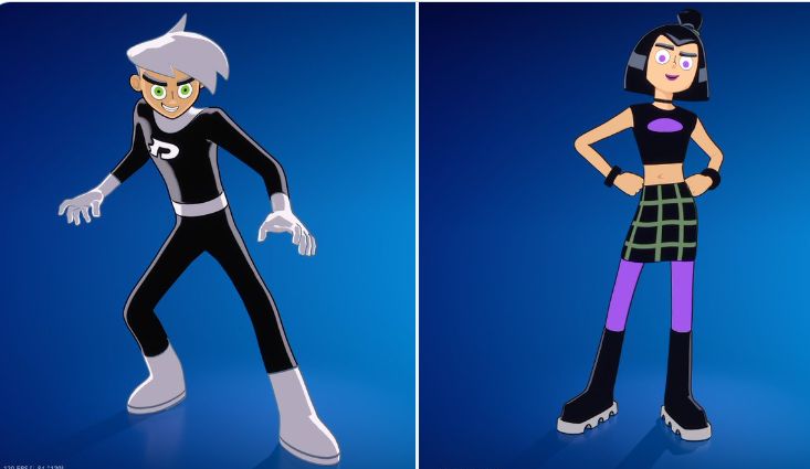 Danny Phantom and Sam Manson character skins for Fortnite showing both characters in their signature outfits from the Nickelodeon animated series against a dark background with the Danny Phantom logo
