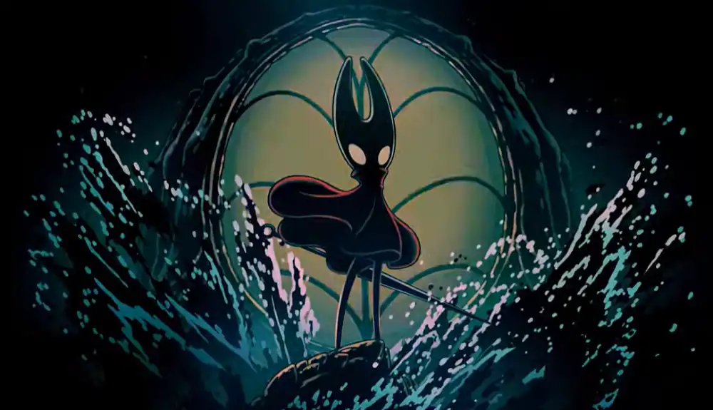 Hornet silhouette stands against turquoise crashing waves in Hollow Knight Silksong Sea of Sorrow teaser trailer