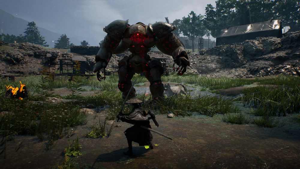 Beast of Reincarnation gameplay screenshot showing Emma with katana in post-apocalyptic Japan environment with blight-corrupted landscape and combat interface