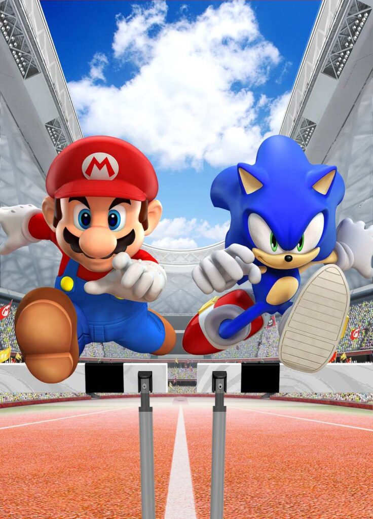 Screenshot showing discussion of Nintendo demanding Mario's foot be positioned ahead of Sonic's foot in Mario and Sonic at the Olympic Games promotional artwork according to former SEGA producer Ryoichi Hasegawa