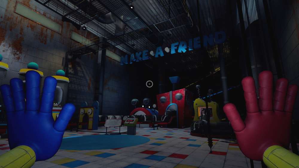 oppy Playtime gameplay screenshot showing dark factory interior with industrial setting and machinery from the survival horror game