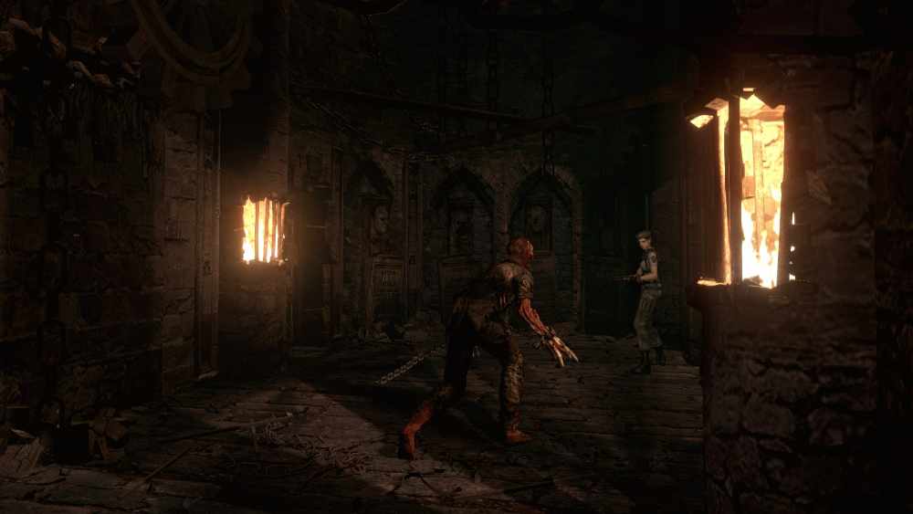 Resident Evil HD Remaster gameplay screenshot showing mansion interior with dark corridors and classic survival horror atmosphere