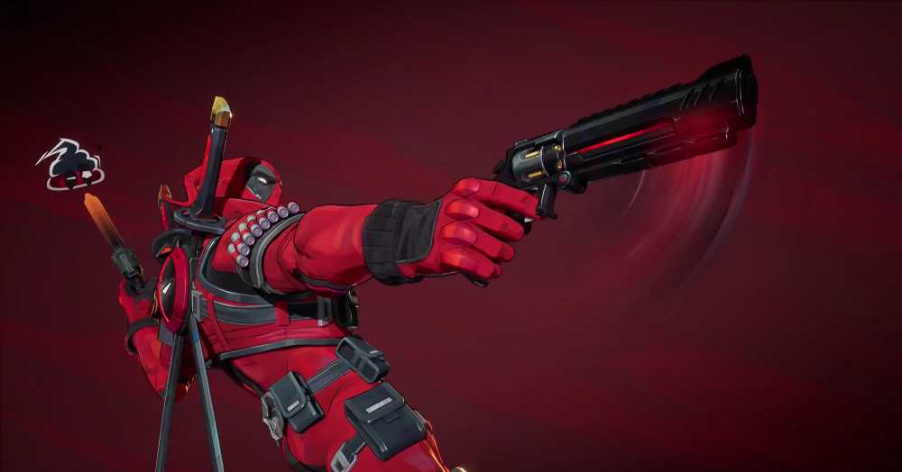Deadpool character in red suit wielding katana and pistol in Marvel Rivals Season 6 gameplay trailer against dark red background