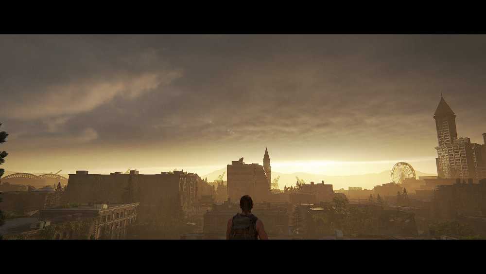 The Last of Us Part 2 Remastered gameplay screenshot showing post-apocalyptic Seattle environment with detailed graphics and atmospheric lighting from official Steam store page