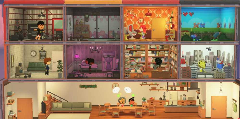 Cross-section view of multiple Tomodachi Life Living the Dream Mii apartment rooms showing various customized interior designs including Japanese-style room, library, gaming room, cityscape room, purple bedroom, office space, and open-plan living area with kitchen