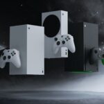 Xbox Series X and Series S console family lineup including Galaxy Black Special Edition, Digital Edition in white, and standard models displayed against dark background