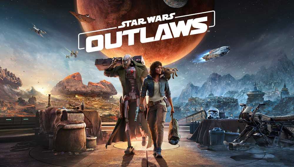 Star Wars Outlaws hero artwork showing Kay Vess with blaster and companion Nix against spaceship and galaxy backdrop for Xbox Game Pass January 2026 release