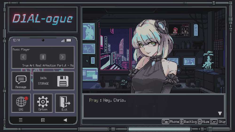D1AL-ogue gameplay screenshot showing circular puzzle grid with colorful modules, neon cyberpunk interface, and android repair console in retro pixel art style with purple and pink color scheme
