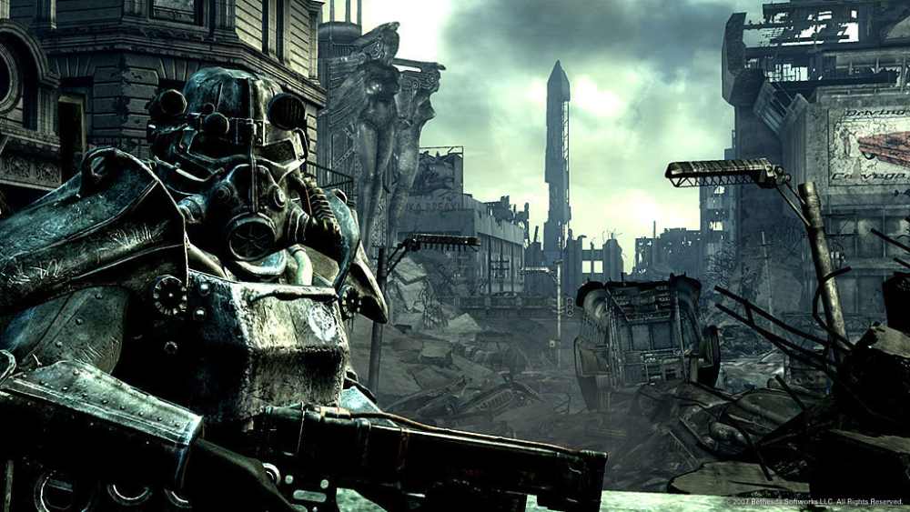 Fallout 3 gameplay screenshot showing post-apocalyptic Capital Wasteland environment with power armor and ruins from the 2008 Bethesda release available on Steam and Xbox Game Pass