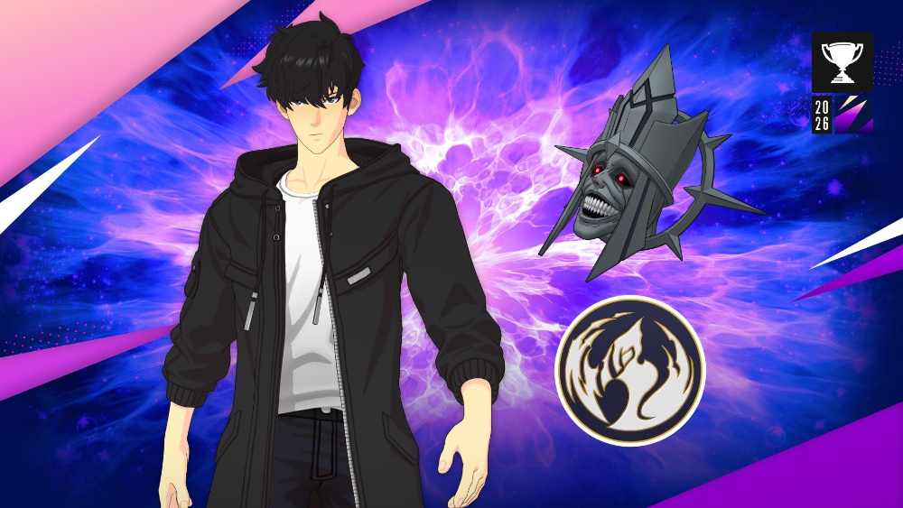 Fortnite Sung Jin-Woo skin from Solo Leveling Arise collaboration showing character outfit with dark armor and glowing purple effects in battle royale environment