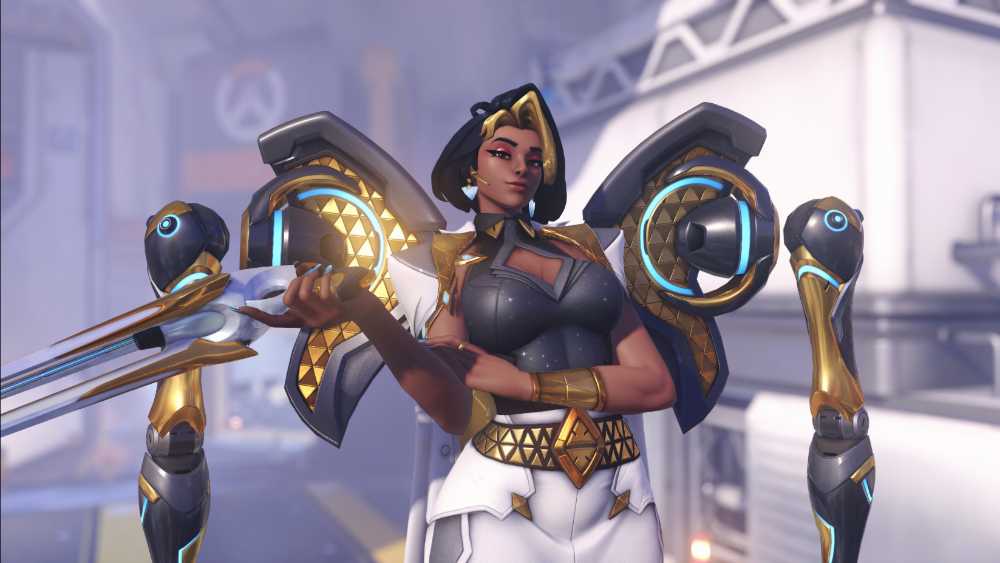 Domina Overwatch tank hero wearing elegant outfit with robotic arms displaying Vishkar hard-light technology in Season 1 2026 character reveal