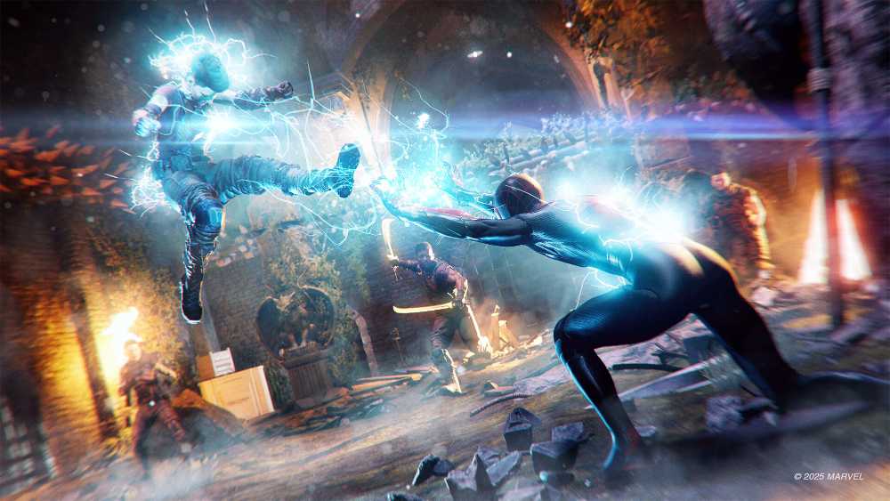 Marvel's Spider-Man 2 gameplay screenshot showing web-slinging action across New York City skyline with detailed ray-traced reflections and urban environment from the PS5 version joining PlayStation Plus Game Catalog February 2026