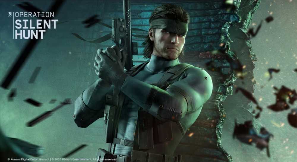 Rainbow Six Siege Year 11 Season 1 Operation Silent Hunt promotional artwork featuring Solid Snake operator reveal with tactical gear and stealth equipment