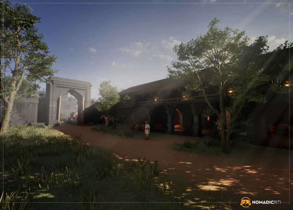 Bahirji Naik stealth gameplay in Nāyak showing 2.5D side-scrolling environment inside a 17th-century Indian fort built in Unreal Engine 5 by Nomadicriti