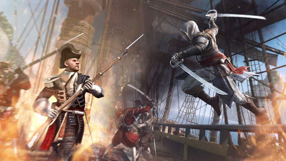 Assassin's Creed IV Black Flag in-game screenshot showing naval combat and the Caribbean open world, from the original 2013 Ubisoft Montreal release