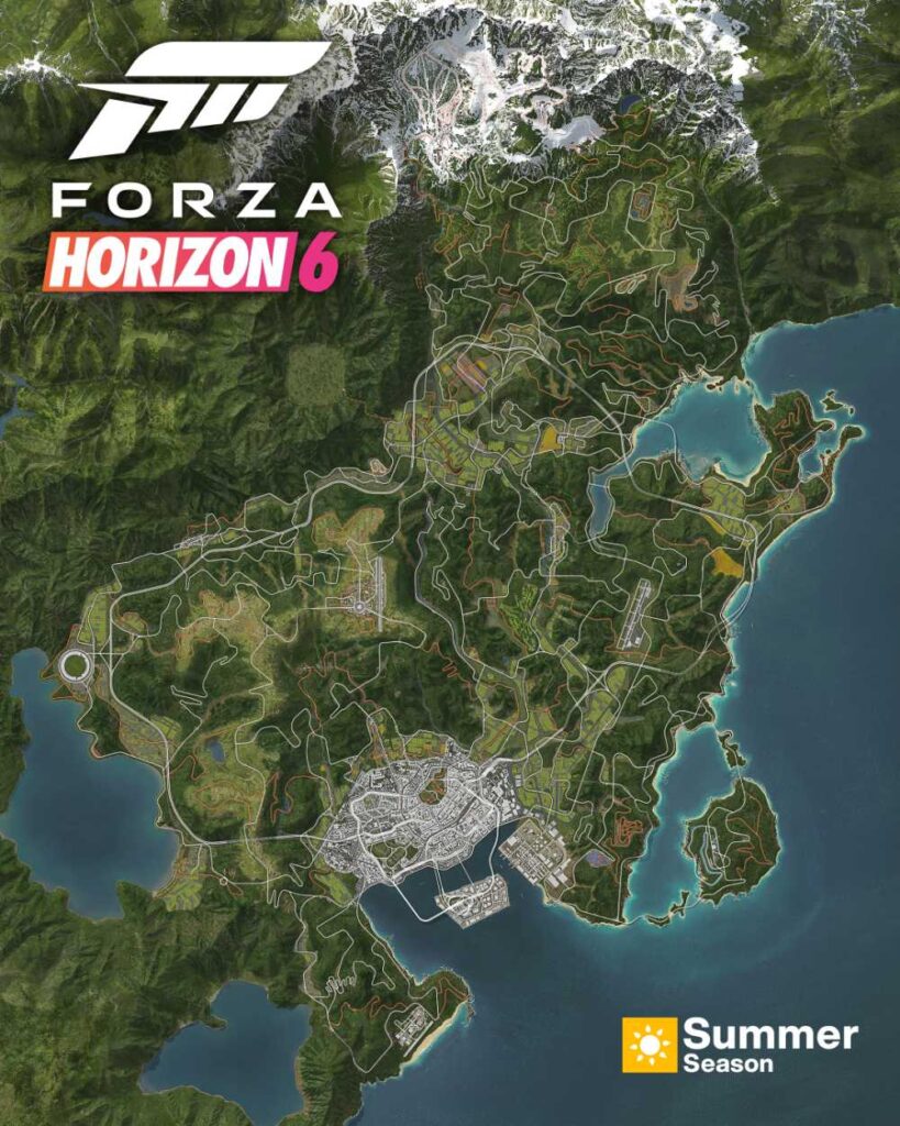 Forza Horizon 6 full Japan map in Summer Season showing Tokyo City urban districts in the south, countryside and touge roads in the centre, and the snow-covered Japanese Alps in the north, as revealed by Playground Games on April 8 2026