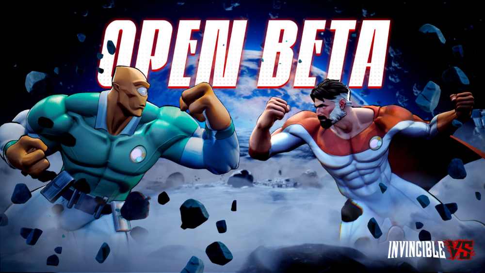 Invincible VS Open Beta promotional key art showing characters from the 3v3 tag fighting game developed by Quarter Up and published by Skybound Games, releasing April 30 2026 on PS5 and Xbox Series X|S