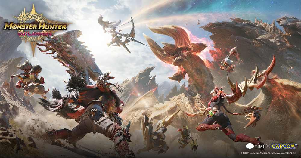 Monster Hunter Outlanders second closed beta test CBT2 recruitment banner showing the official sign-up campaign for iOS and Android players, April 2026