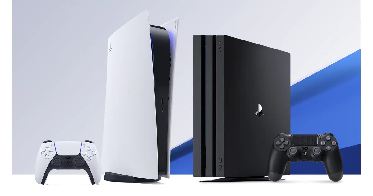 PS4 and PS5 consoles shown together in official Sony PlayStation ecosystem promotional key art