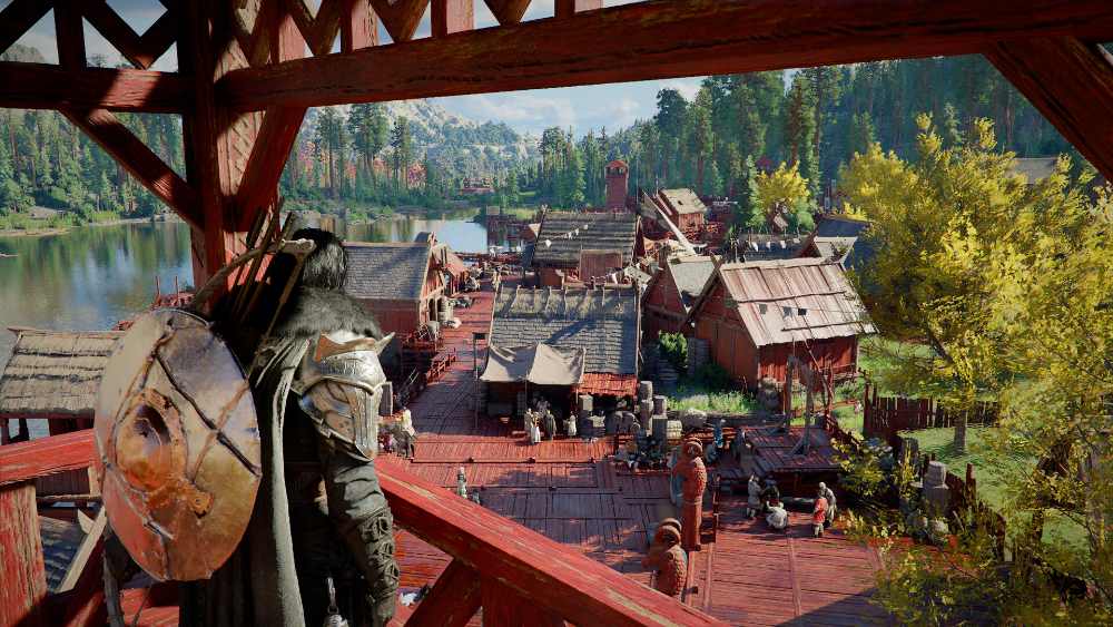 Crimson Desert gameplay screenshot showing protagonist Kliff and companions in the open world of Pywel, taken from the official Steam store page